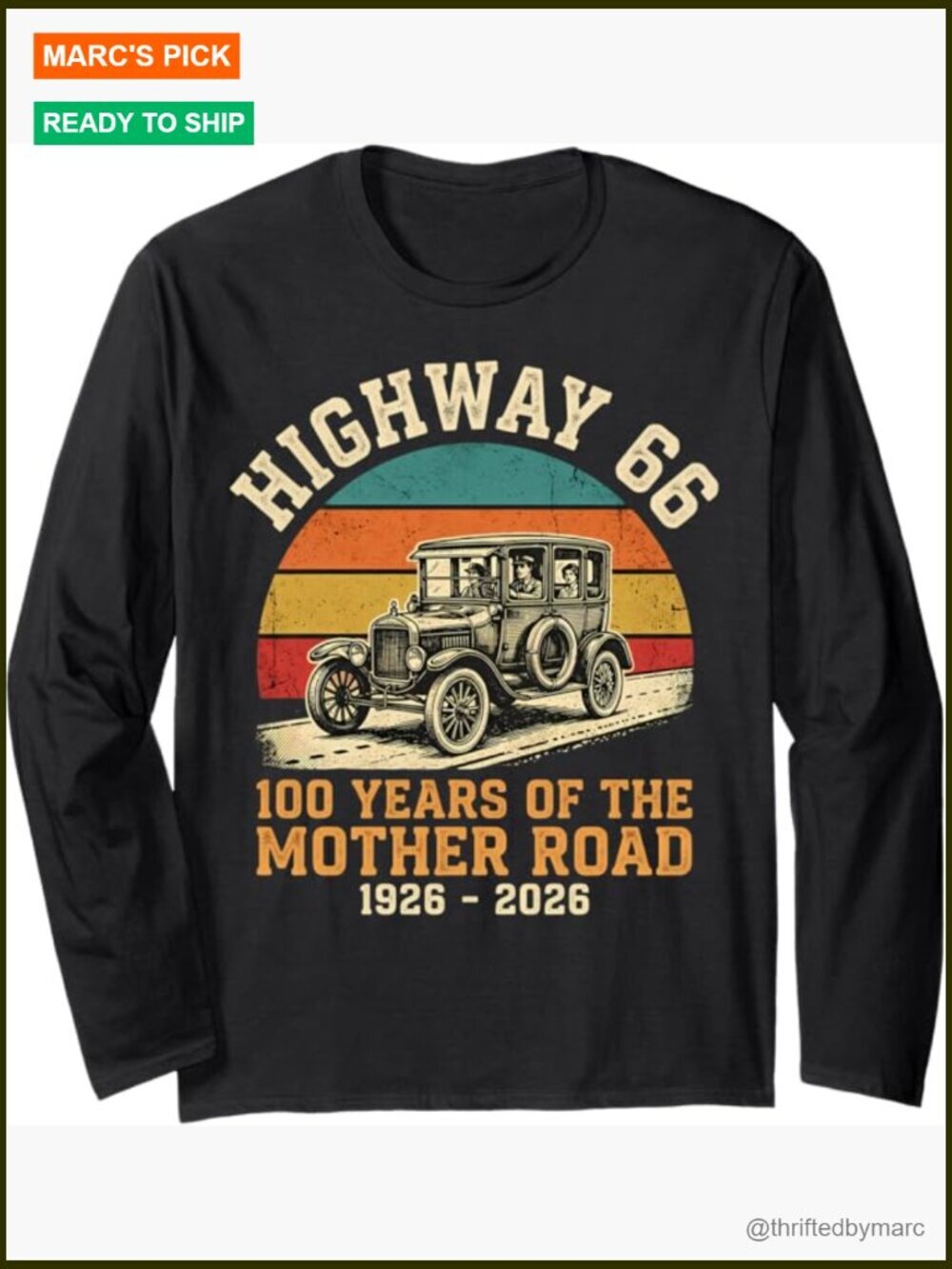 Long Sleeve Tee - Route 66 Centennial Antique Car Graphic
